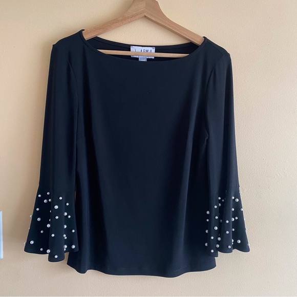 Joseph Ribkoff Top Woman 10 Black Pearl Accent Bell 3/4 Sleeves Boat Neck 191148 - Picture 3 of 15